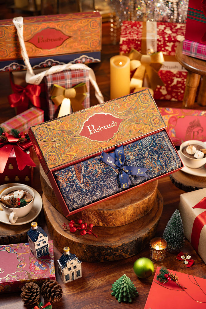 Pashtush India Gift Pack Pashtush Women's Jamawar Shawl, Navy Blue