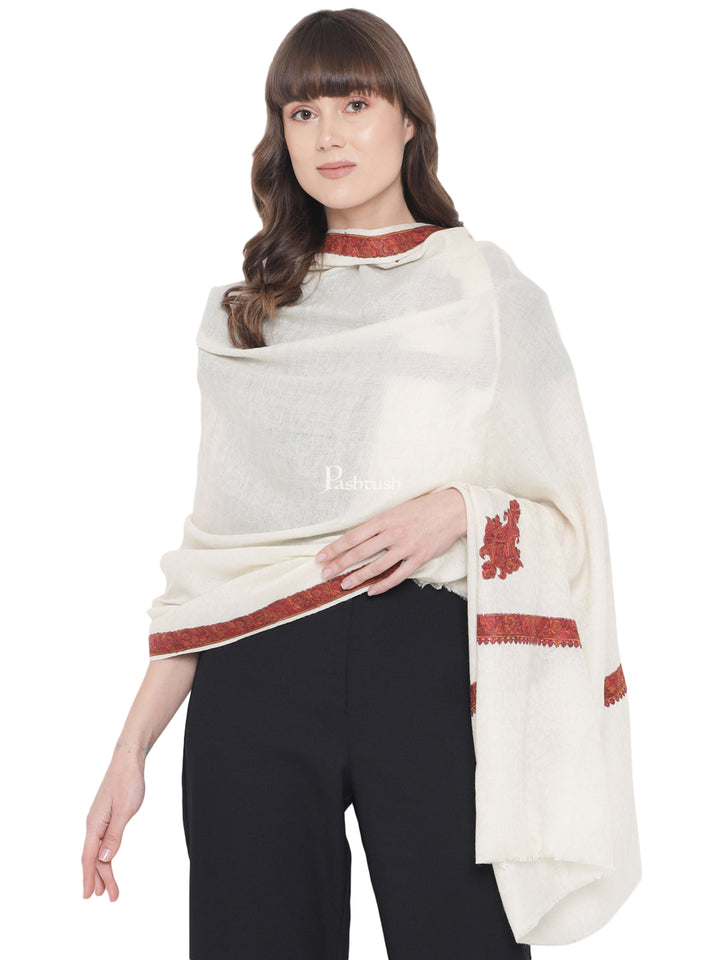 Pashtush India Womens Shawls Pashtush Women's Kingri Border Embroidery Shawl, Fine Wool, Ivory