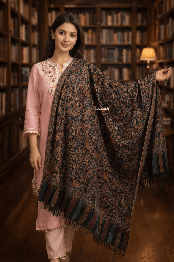 Pashtush Shawl Store Womens Shawls Pashtush Women’s Pure Pashmina Outline Kani Jamawar Shawl, Handwoven Kani with Delicate Outline hand Embroidery, Black