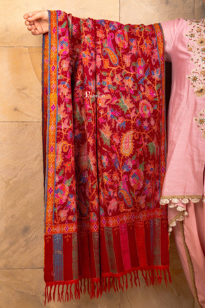 Pashtush Shawl Store Womens Shawls Pashtush Women’s Pure Pashmina Outline Kani Jamawar Shawl, Maroon Handwoven Kani with Delicate Outline Embroidery