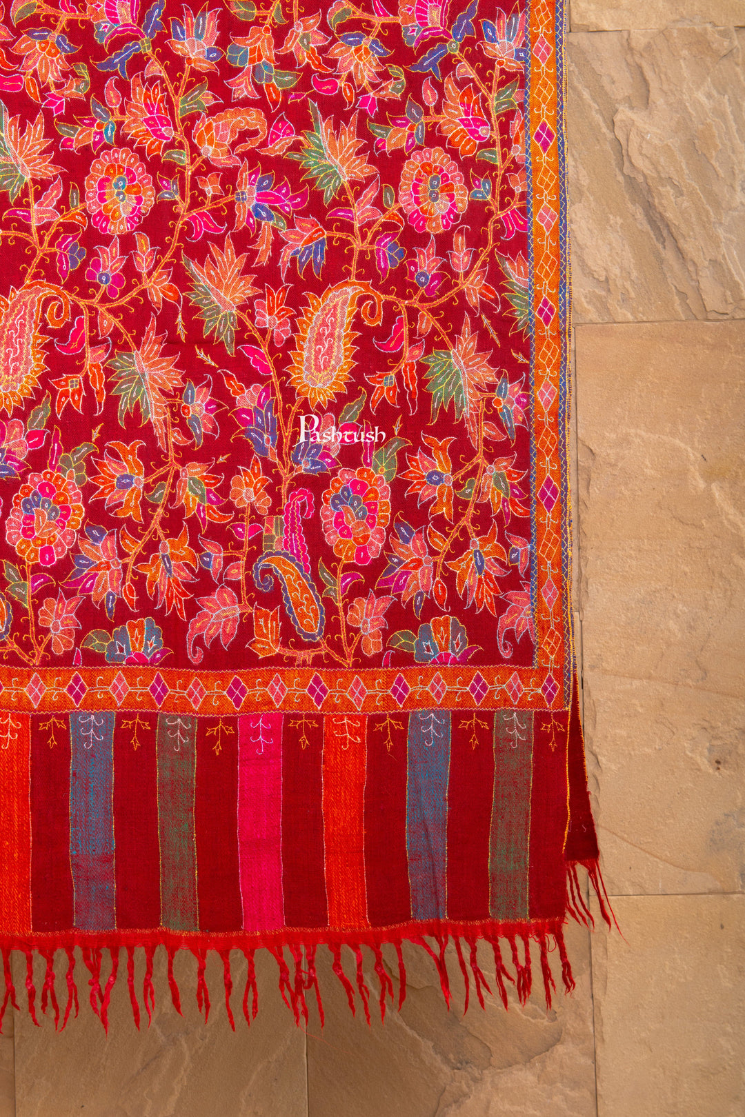 Pashtush Shawl Store Womens Shawls Pashtush Women’s Pure Pashmina Outline Kani Jamawar Shawl, Maroon Handwoven Kani with Delicate Outline Embroidery