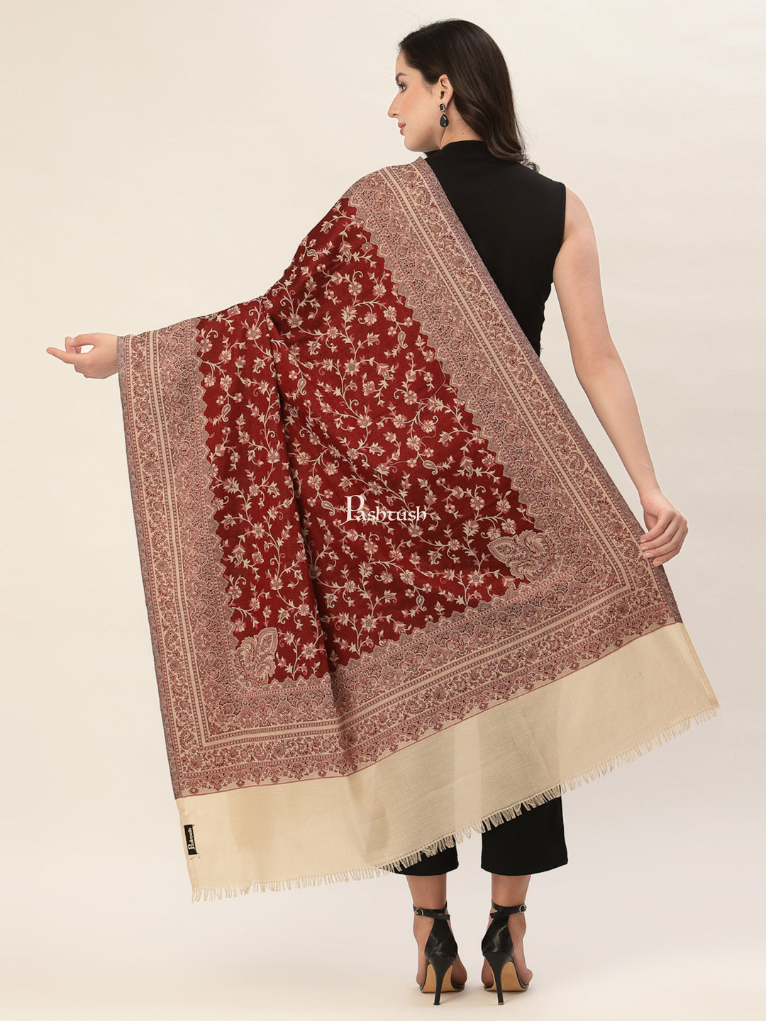 Pashtush India Womens Shawls PASHTUSH WOMEN'S SHAWL, WARM AND SOFT, FAUX PASHMINA DESIGN, Maroon