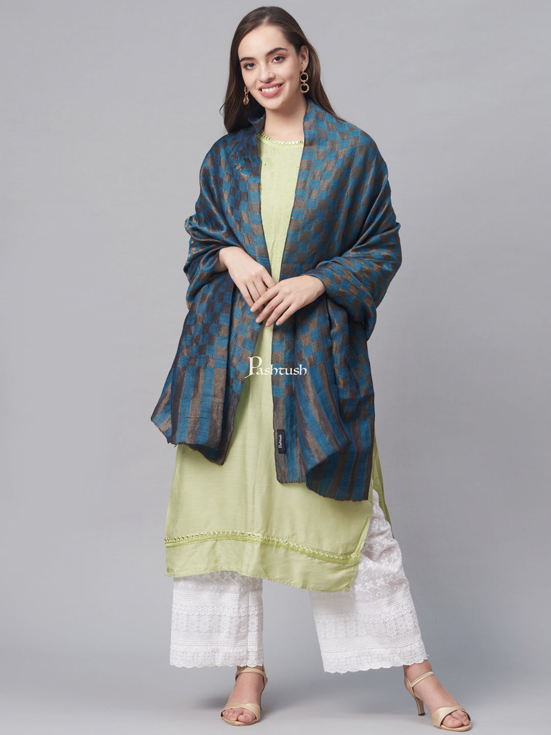 Pashtush India Womens Stoles and Scarves Scarf Pashtush Women Teal Blue Charcoal Grey Woven Design Designer Stole