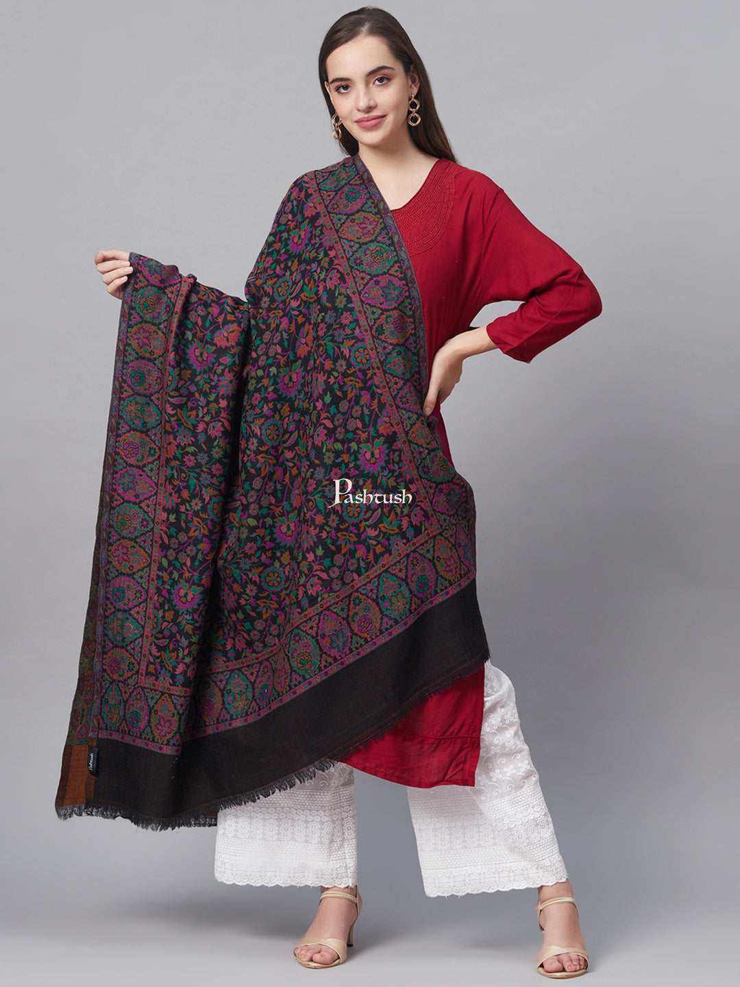 Pashtush India Womens Shawls Pashtush Womens 100% Pure Wool Ethnic Weave Shawl, Soft And Warm, With Woolmark Certificate Black