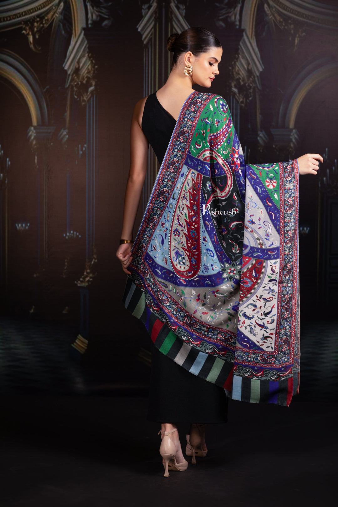 Pashtush India Womens Shawls Pashtush Womens 100% Pure Wool Shawl With Woolmark Certificate, Chanting Paisleys Design, Multicolour