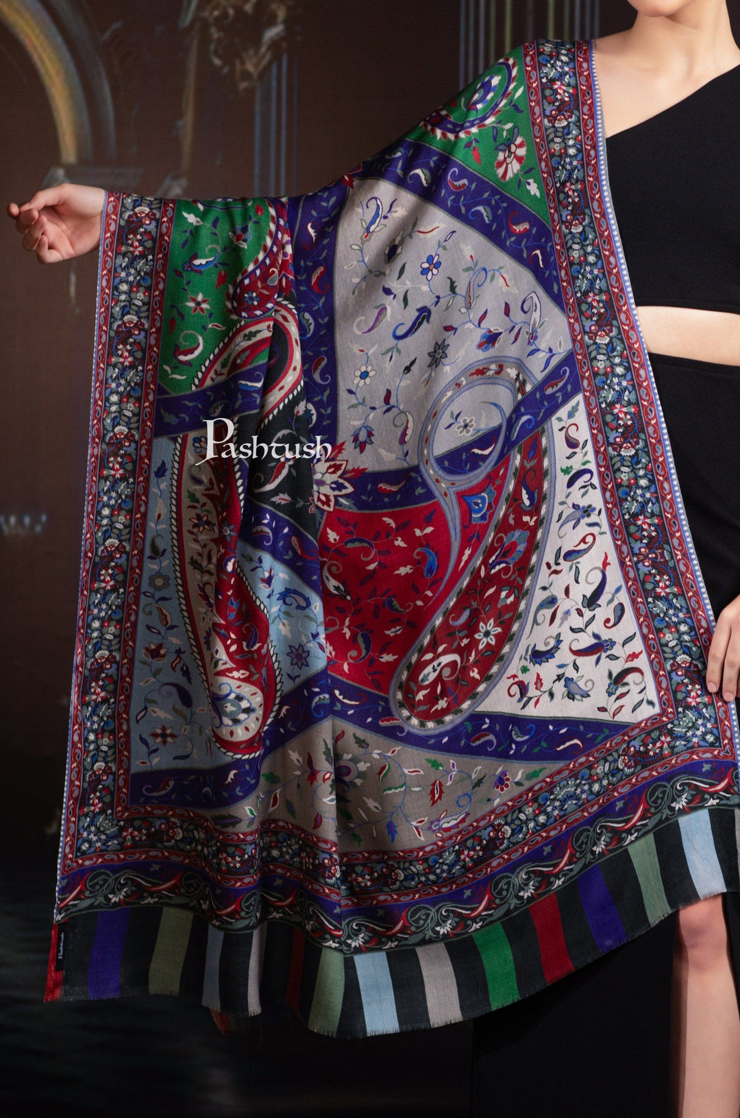 Pashtush India Womens Shawls Pashtush Womens 100% Pure Wool Shawl With Woolmark Certificate, Chanting Paisleys Design, Multicolour