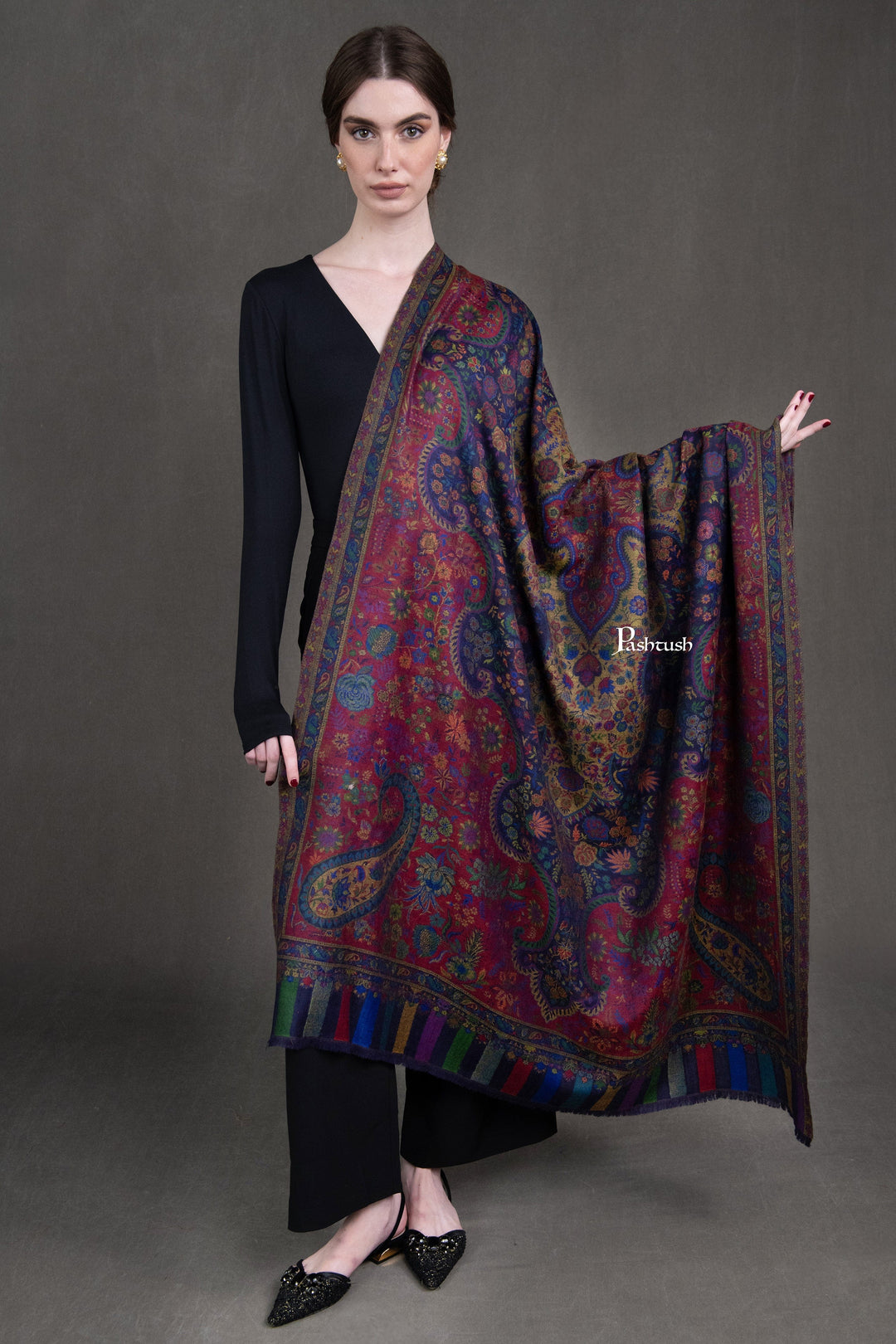 Pashtush India Womens Shawls Pashtush Womens 100% Pure Wool With Woolmark Certificate Shawl, Antique Paisley Woven Design, Multicoloured