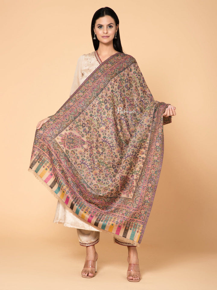 Pashtush India Womens Shawls Pashtush Womens 100% Pure Wool With Woolmark Certificate Shawl, Ethnic Paisley  Weave ,Soft And Warm Design, Beige