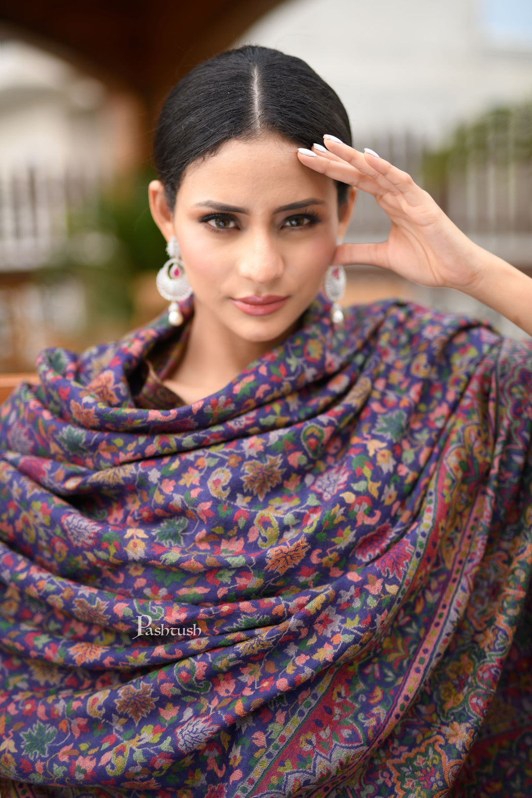 Pashtush India Womens Shawls Pashtush Womens 100% Pure Wool With Woolmark Certificate Shawl, Ethnic Weave Design, Blue