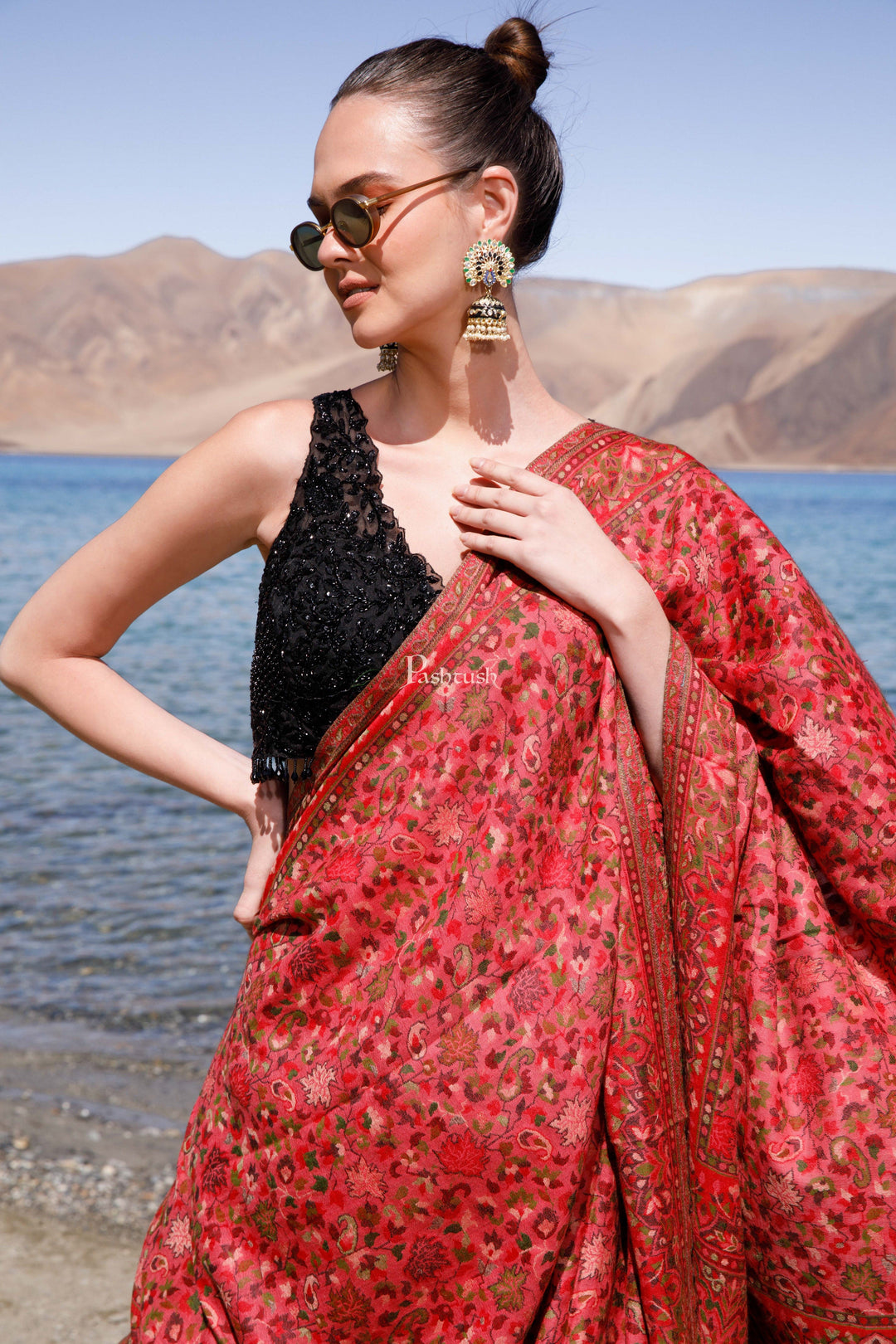 Pashtush India Womens Shawls Pashtush Womens 100% Pure Wool With Woolmark Certificate Shawl, Ethnic Weave Jaal Design, Pink