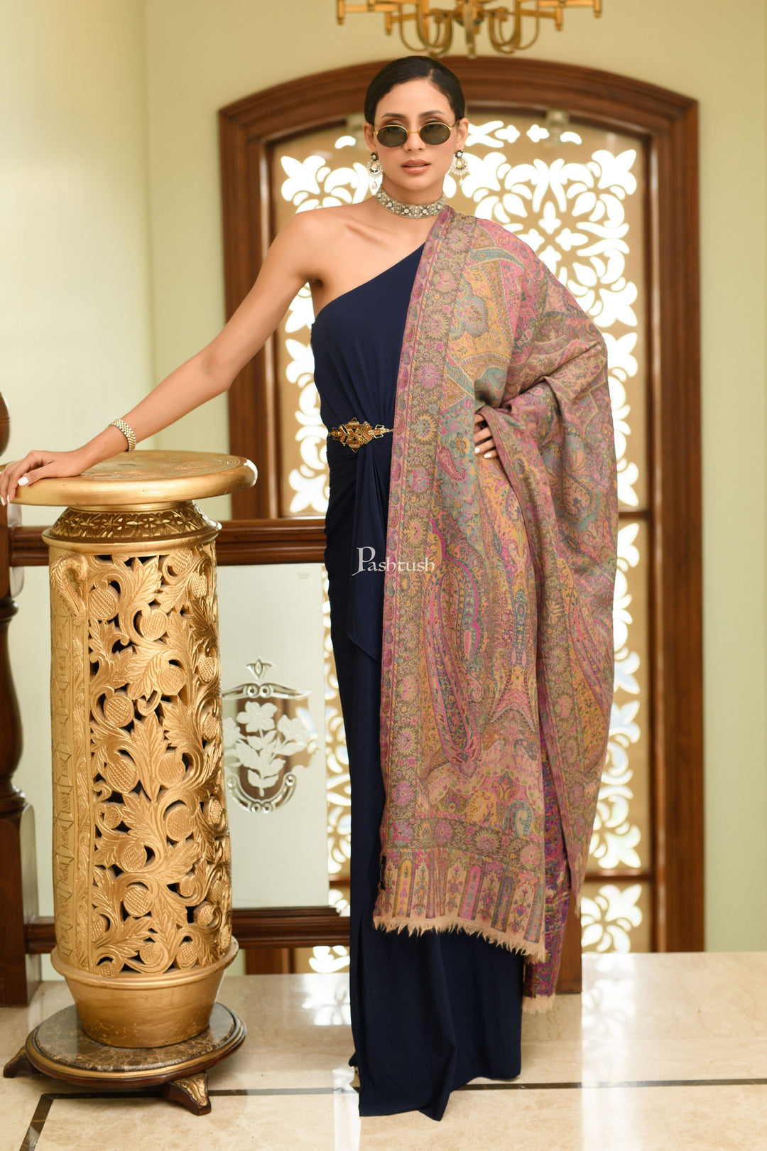 Pashtush India Womens Shawls Pashtush Womens 100% Pure Wool With Woolmark Certificate Shawl, Kalamkari Weave, Antique Aesthetic Woven Design, Beige