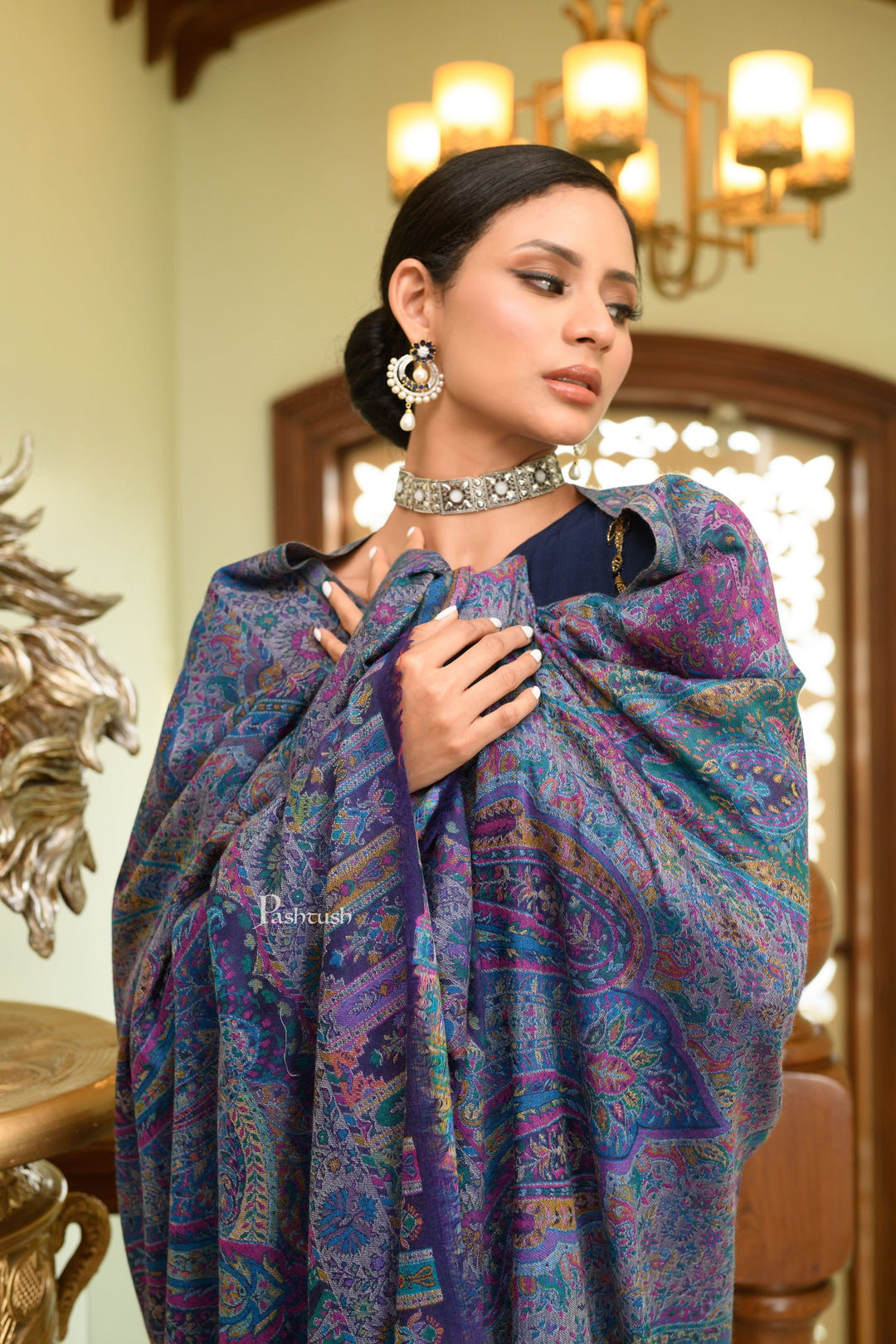 Pashtush India Womens Shawls Pashtush Womens 100% Pure Wool With Woolmark Certificate Shawl, Kalamkari Weave, Antique Aesthetic Woven Design, Blue