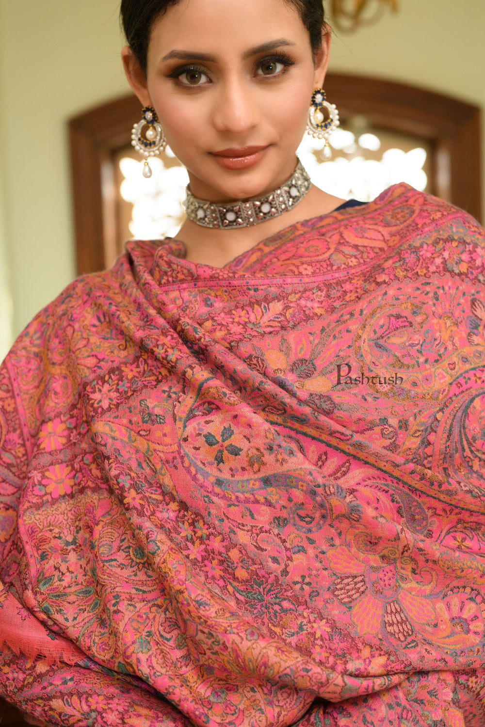 Pashtush India Womens Shawls Pashtush Womens 100% Pure Wool With Woolmark Certificate Shawl, Kalamkari Weave, Antique Aesthetic Woven Design, Pink