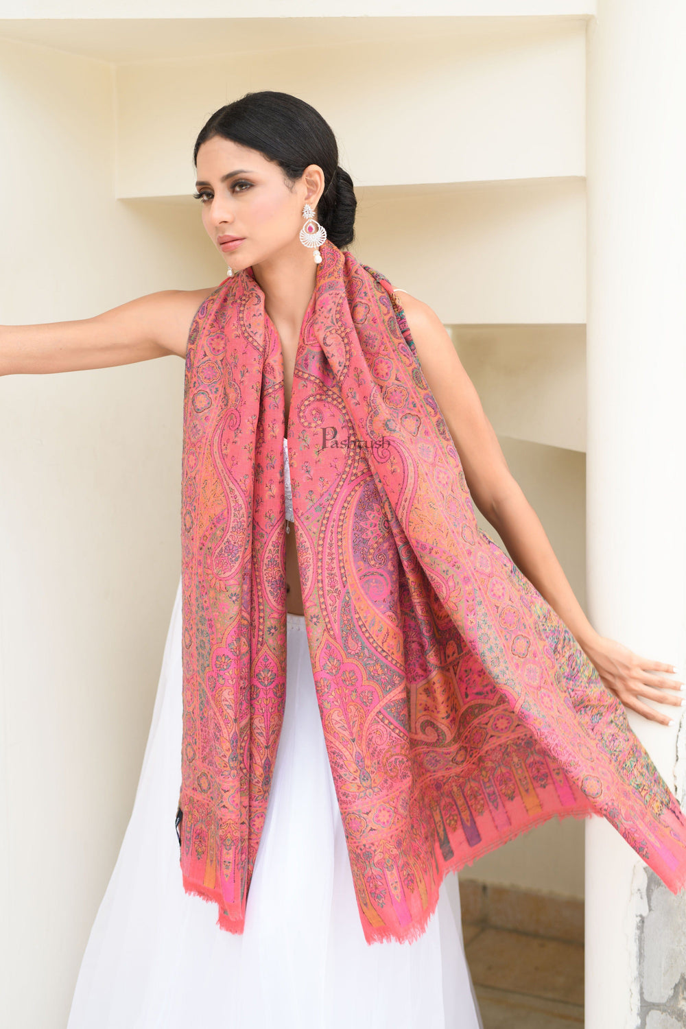 Pashtush India Womens Shawls Pashtush Womens 100% Pure Wool With Woolmark Certificate Shawl, Kalamkari Weave, Antique Aesthetic Woven Design, Pink