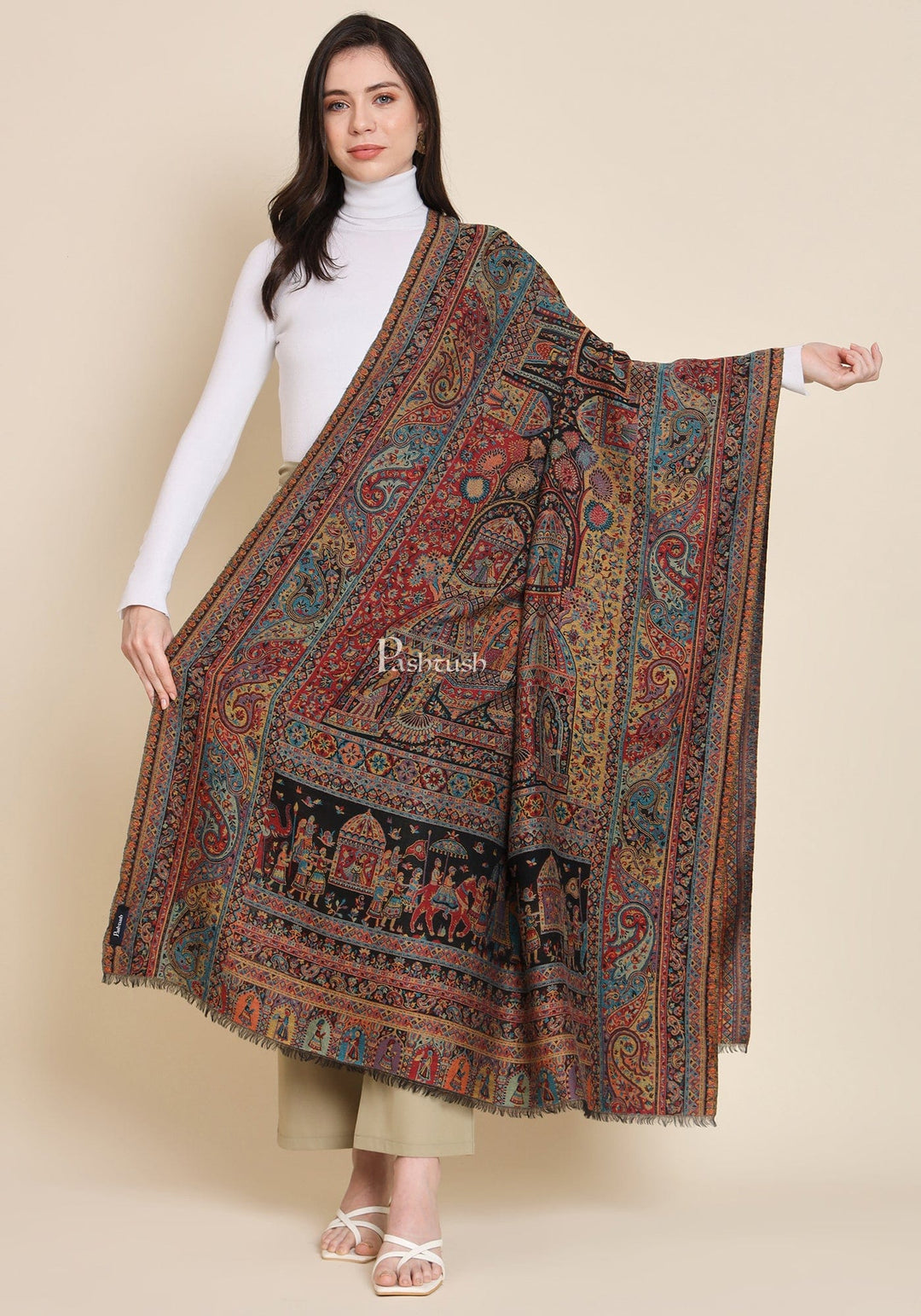Pashtush India Womens Shawls Pashtush Womens 100% Pure Wool With Woolmark Certificate Shawl, Royal Darbar Design, Black