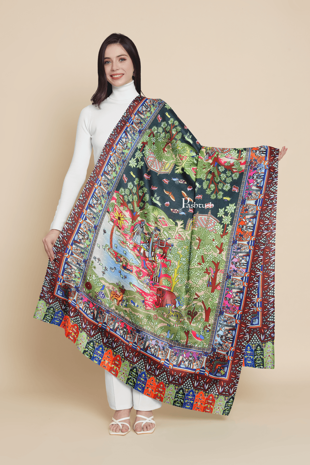 Pashtush India Womens Shawls Pashtush Womens 100% Pure Wool With Woolmark Certificate Shawl, Shikaardar Design, Multicolour