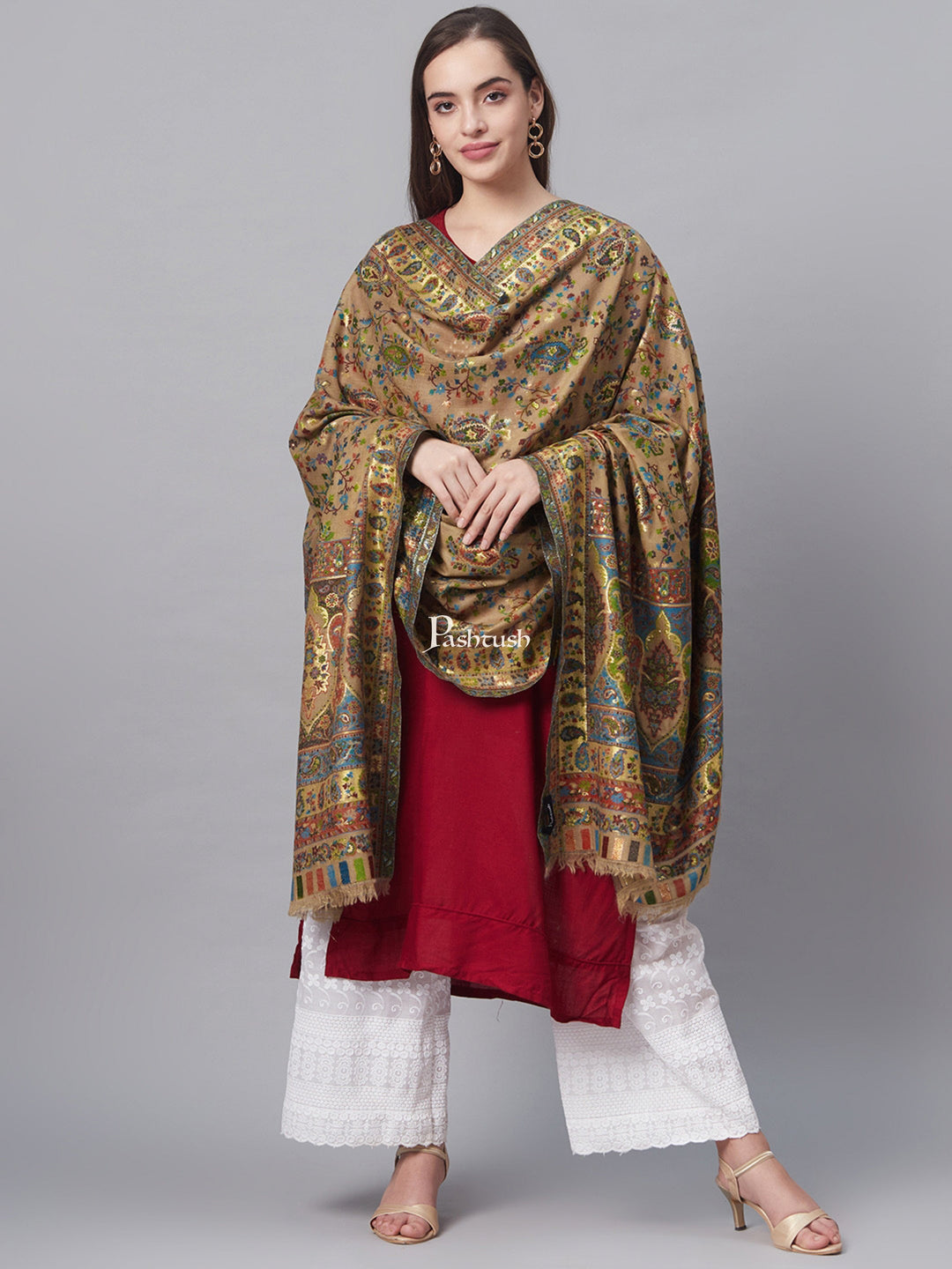 Pashtush India Womens Shawls Pashtush Womens 100% Pure Wool With Woolmark Certificate Shawl, With Metallic Weave,