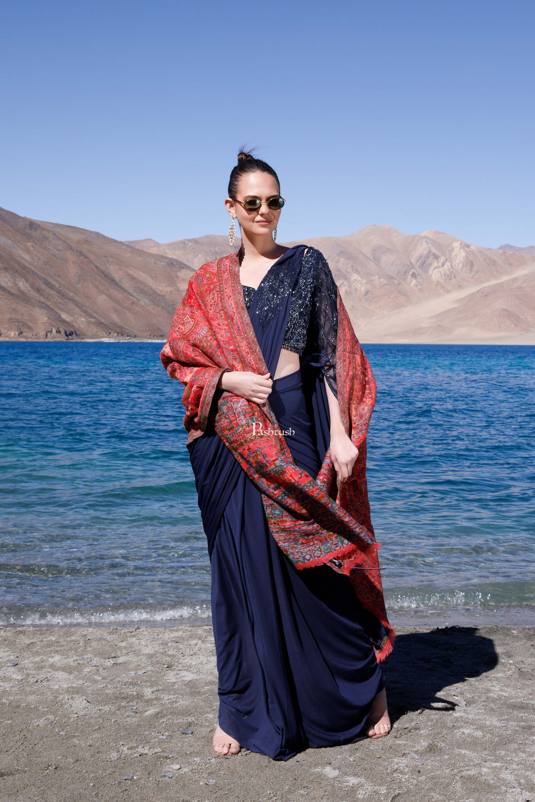 Pashtush India Womens Shawls Pashtush Womens 100% Pure Wool With Woolmark Certificate Shawl, Woven Weave Royal Doli Design, Rose