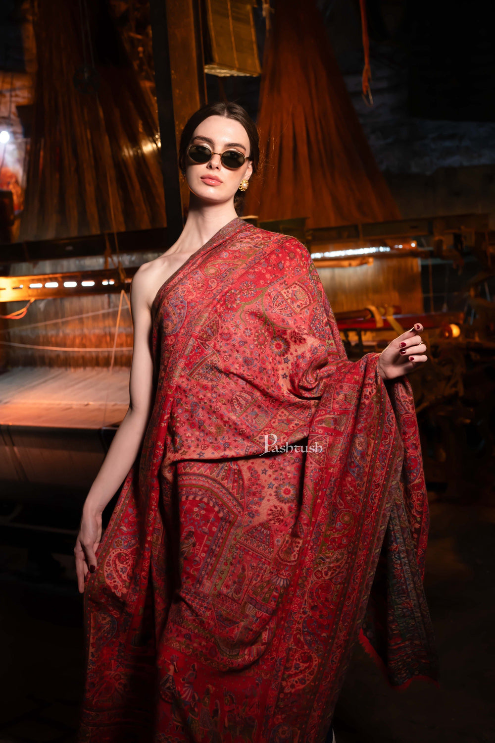 Pashtush India Womens Shawls Pashtush Womens 100% Pure Wool With Woolmark Certificate Shawl, Woven Weave Royal Doli Design, Rose