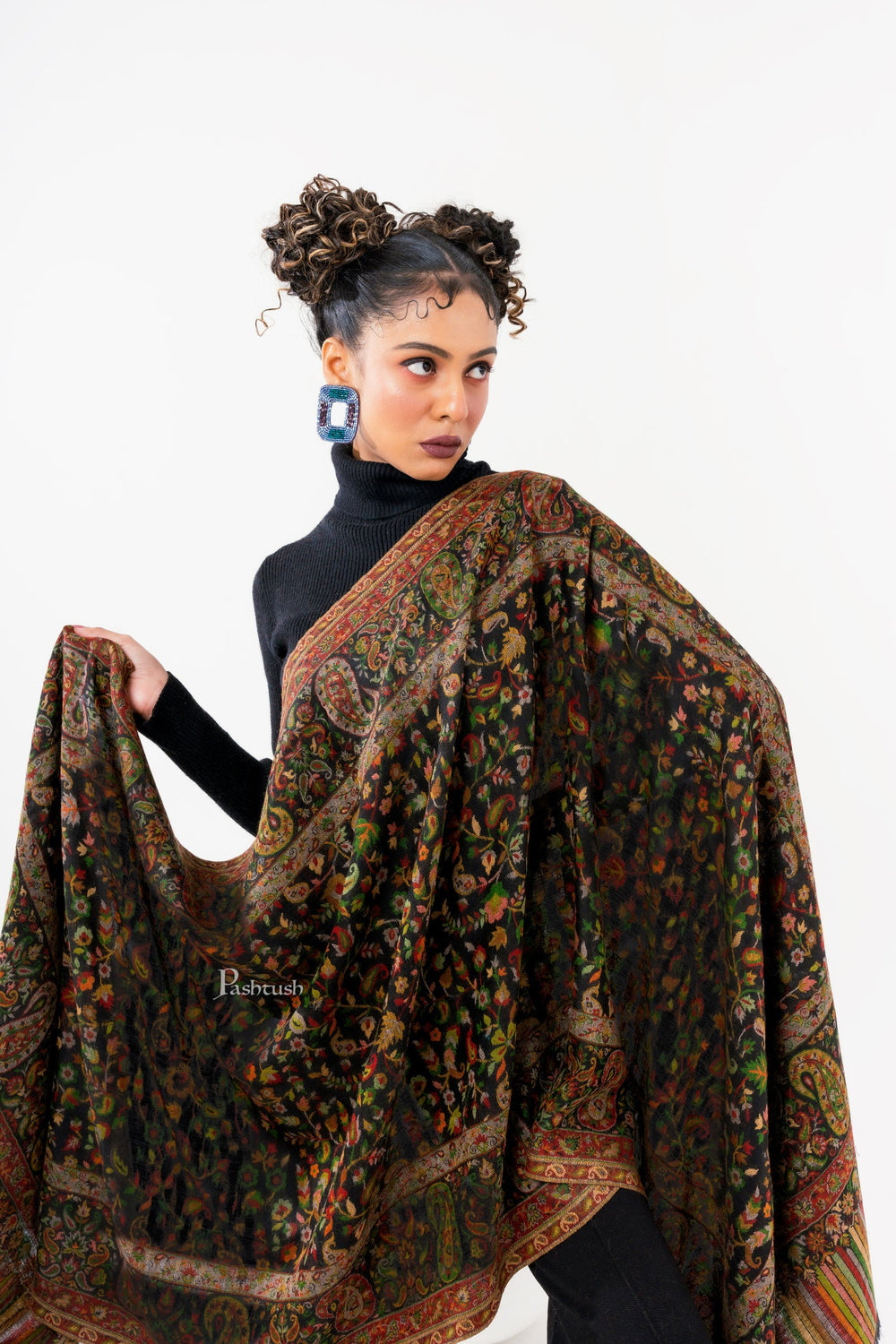 Pashtush India Womens Stoles and Scarves Scarf Pashtush Womens 100% Pure Wool With Woolmark Certificate Stole, Paisley Design, Black