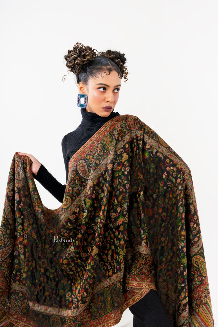 Pashtush India Womens Stoles and Scarves Scarf Pashtush Womens 100% Pure Wool With Woolmark Certificate Stole, Paisley Design, Black