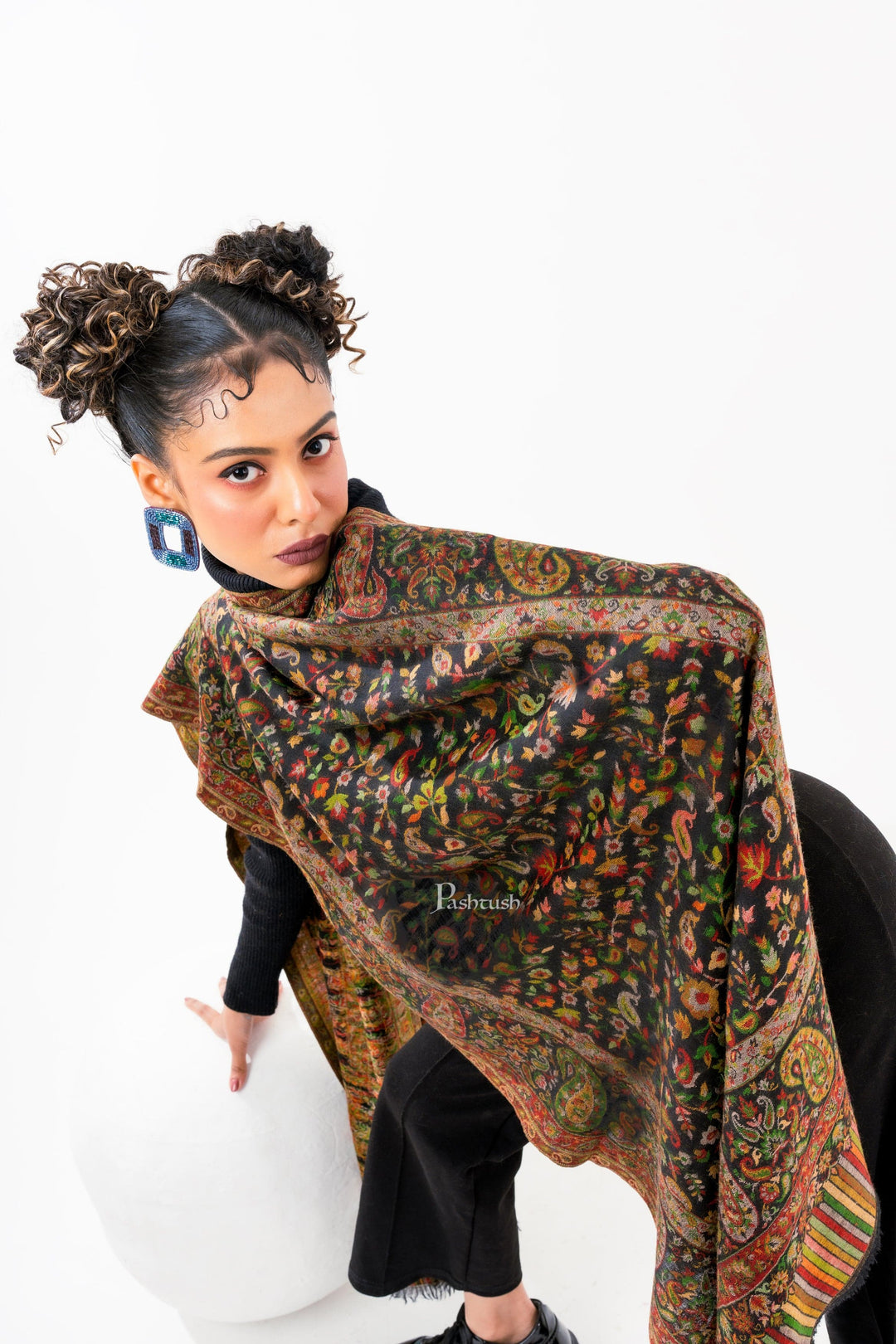 Pashtush India Womens Stoles and Scarves Scarf Pashtush Womens 100% Pure Wool With Woolmark Certificate Stole, Paisley Design, Black