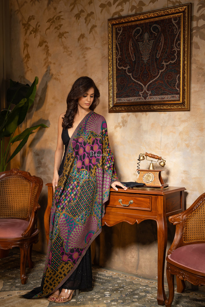 Pashtush India Womens Shawls Pashtush Womens 100% Pure Wool With Woolmark Certificate Stole, Paisley Design, Black