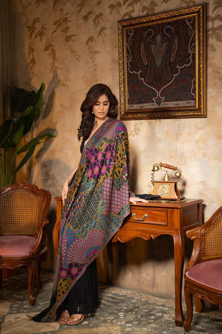 Pashtush India Womens Shawls Pashtush Womens 100% Pure Wool With Woolmark Certificate Stole, Paisley Design, Black