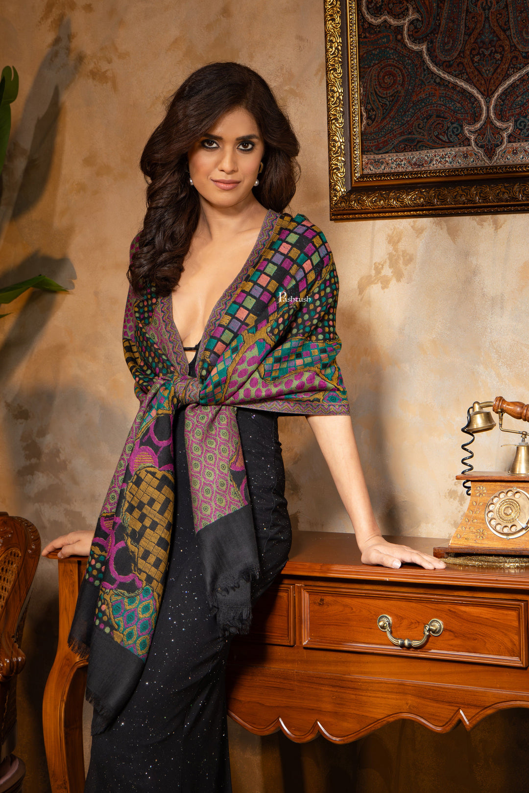 Pashtush India Womens Shawls Pashtush Womens 100% Pure Wool With Woolmark Certificate Stole, Paisley Design, Black