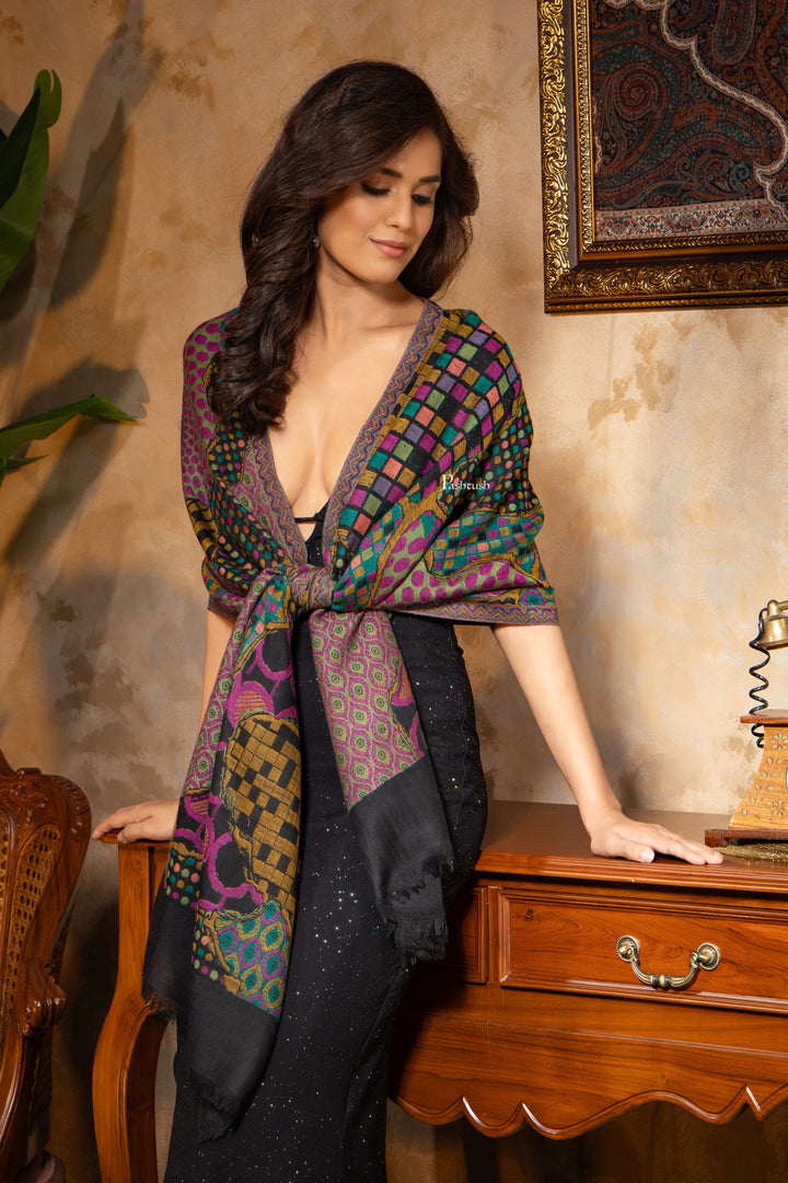 Pashtush India Womens Shawls Pashtush Womens 100% Pure Wool With Woolmark Certificate Stole, Paisley Design, Black