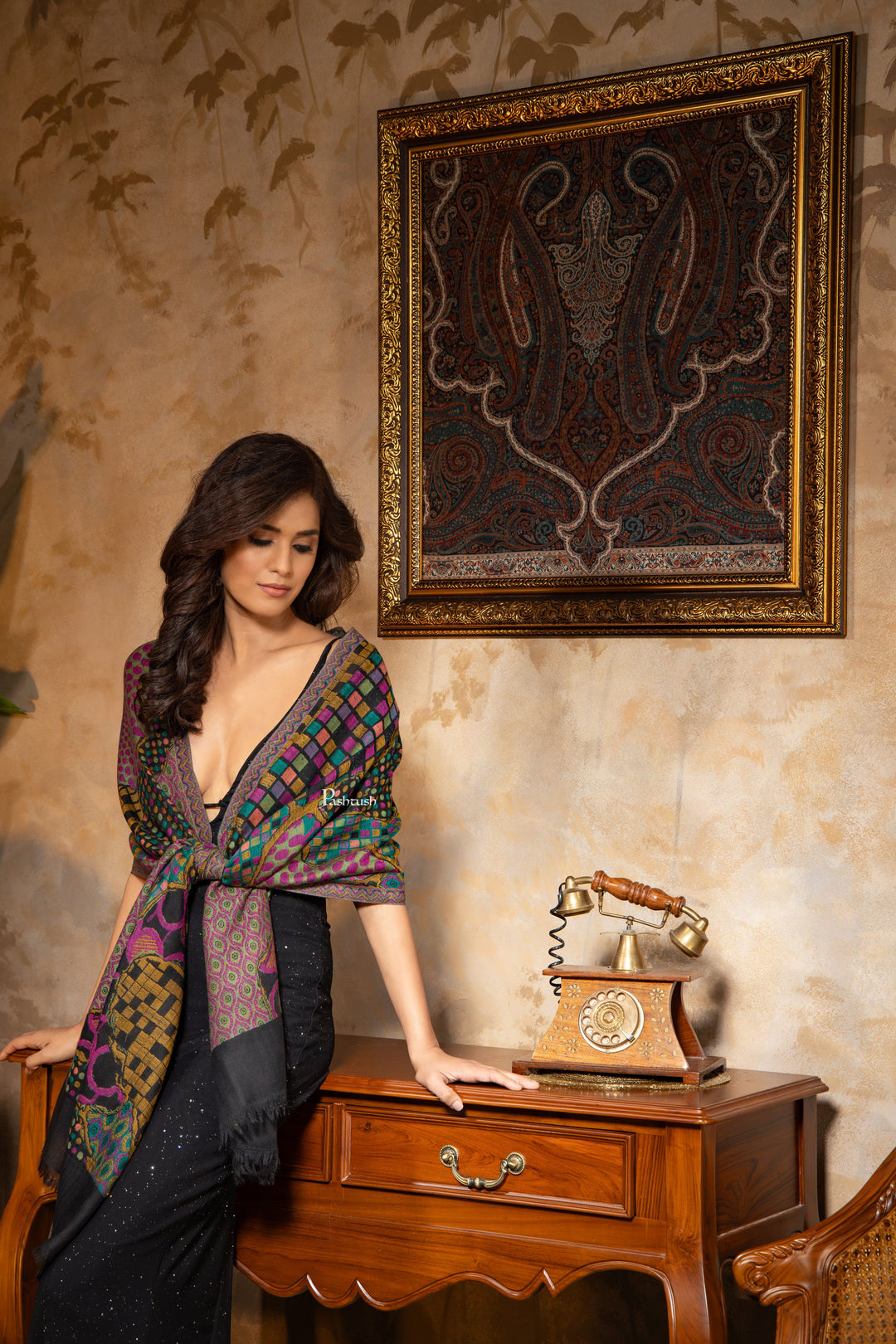 Pashtush India Womens Shawls Pashtush Womens 100% Pure Wool With Woolmark Certificate Stole, Paisley Design, Black