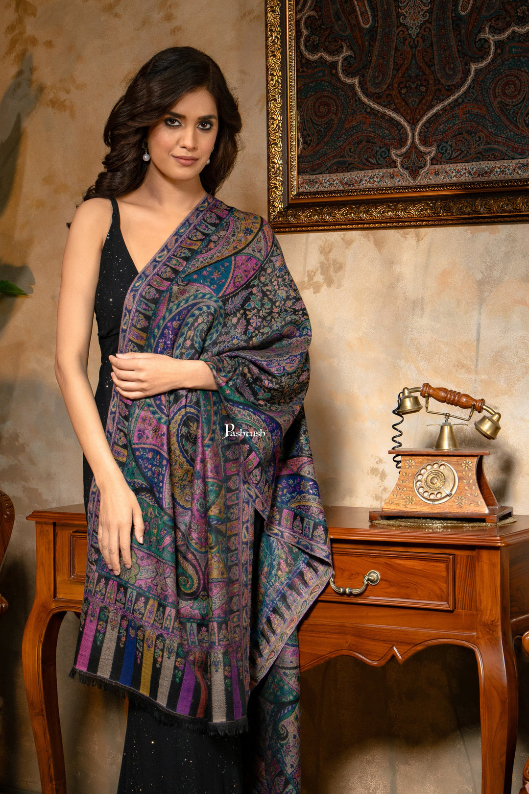 Pashtush India Womens Stoles and Scarves Scarf Pashtush Womens 100% Pure Wool With Woolmark Certificate Stole, Paisley Design, Black