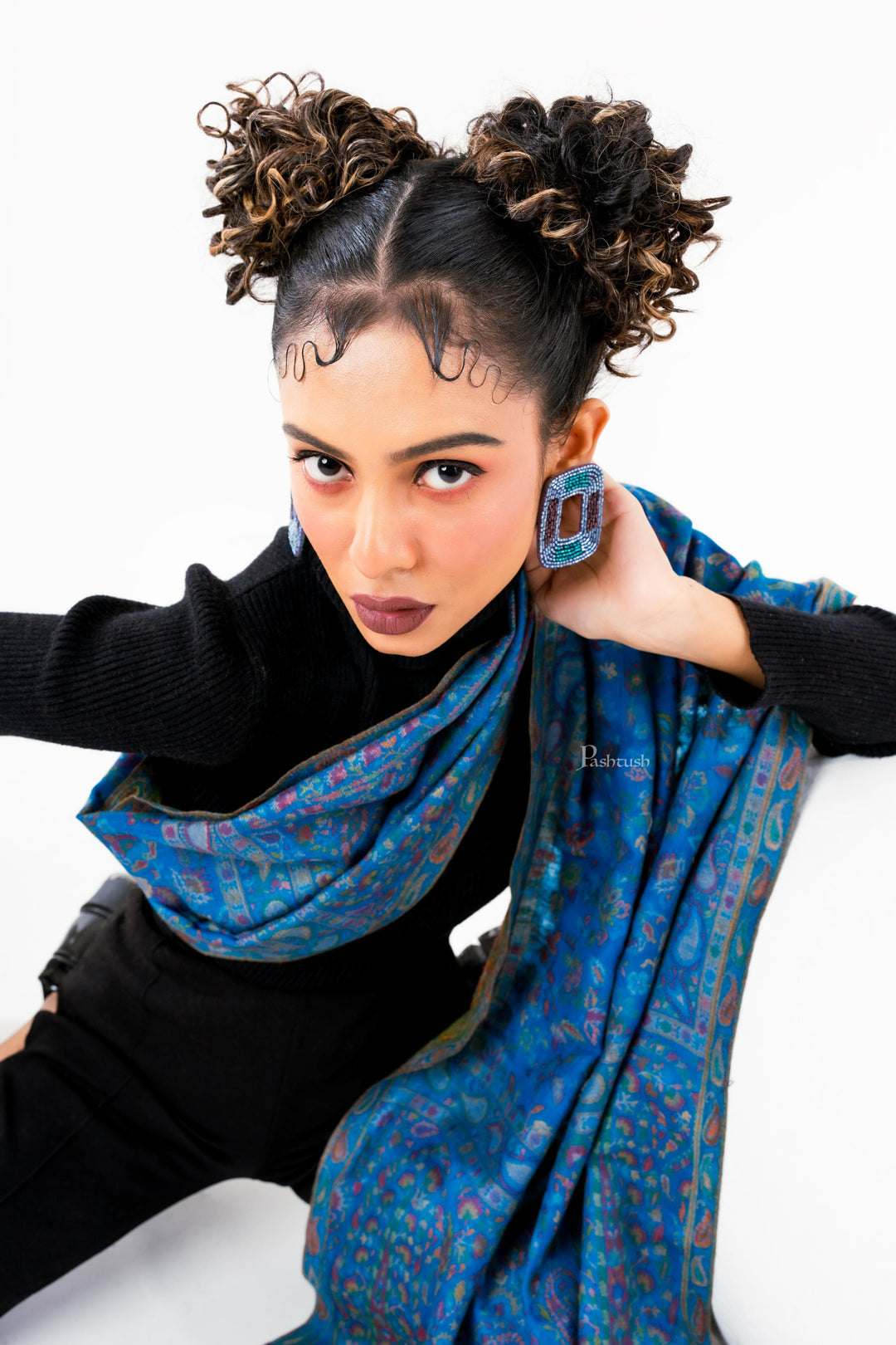 Pashtush India Womens Stoles and Scarves Scarf Pashtush Womens 100% Pure Wool With Woolmark Certificate Stole, Paisley Design, Blue