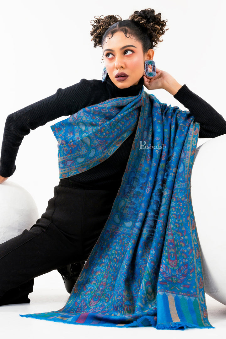 Pashtush India Womens Stoles and Scarves Scarf Pashtush Womens 100% Pure Wool With Woolmark Certificate Stole, Paisley Design, Blue