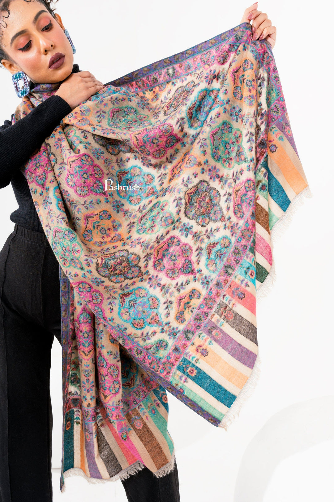 Pashtush India Womens Stoles and Scarves Scarf Pashtush Womens 100% Pure Wool With Woolmark Certificate Stole, Paisley Design, Multicolour