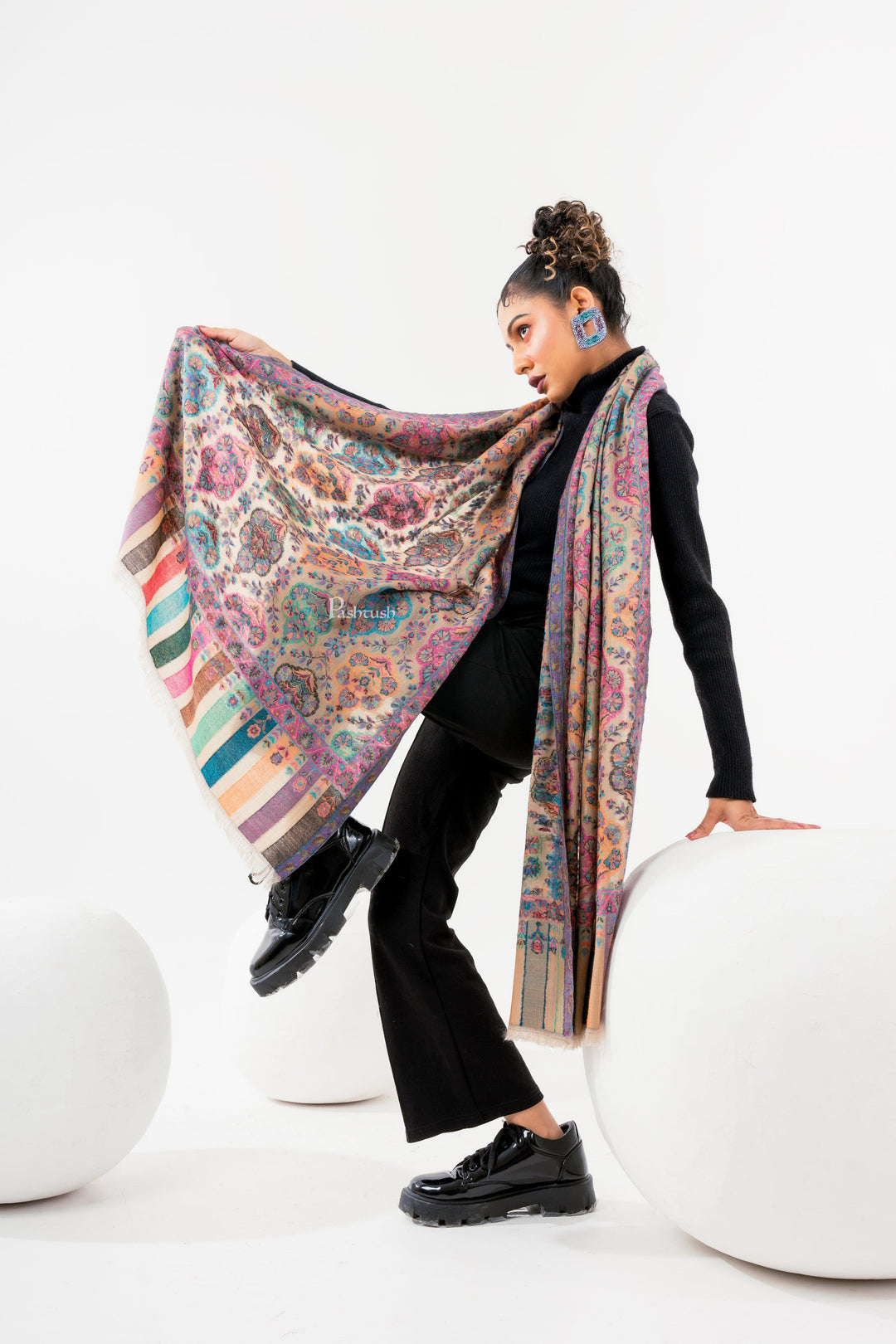 Pashtush India Womens Stoles and Scarves Scarf Pashtush Womens 100% Pure Wool With Woolmark Certificate Stole, Paisley Design, Multicolour