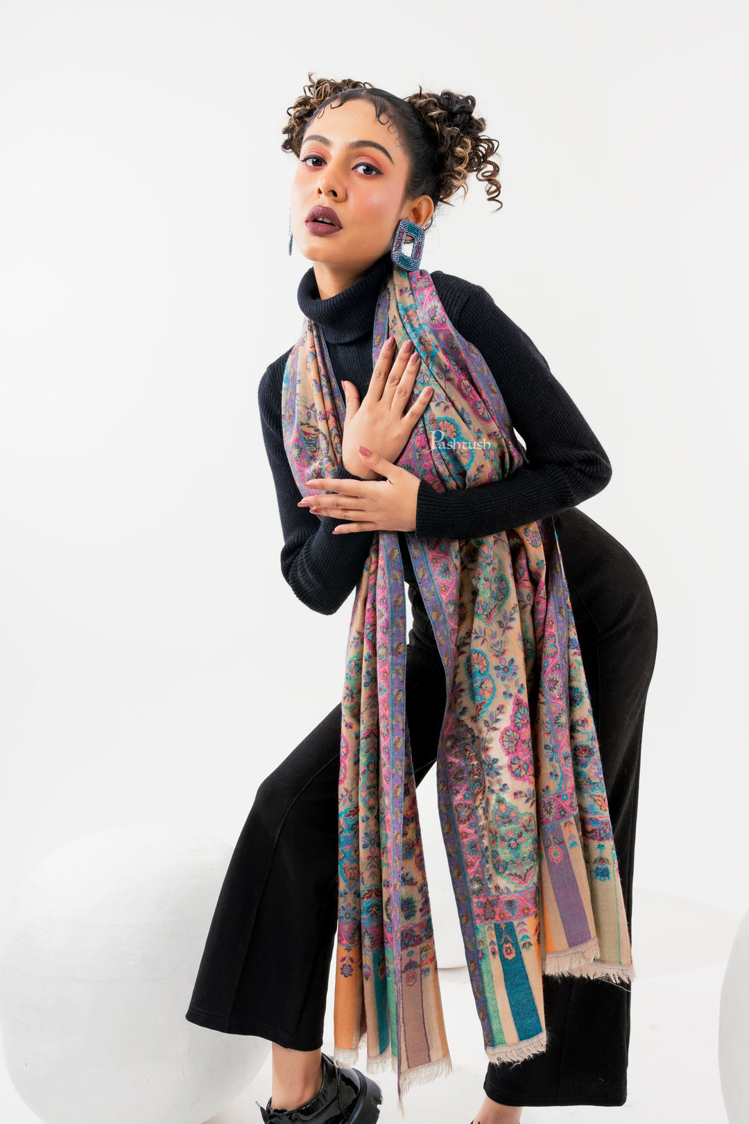 Pashtush India Womens Stoles and Scarves Scarf Pashtush Womens 100% Pure Wool With Woolmark Certificate Stole, Paisley Design, Multicolour