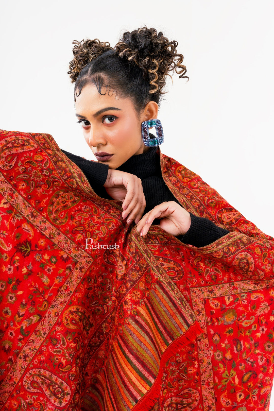 Pashtush India Womens Stoles and Scarves Scarf Pashtush Womens 100% Pure Wool With Woolmark Certificate Stole, Paisley Design, Red