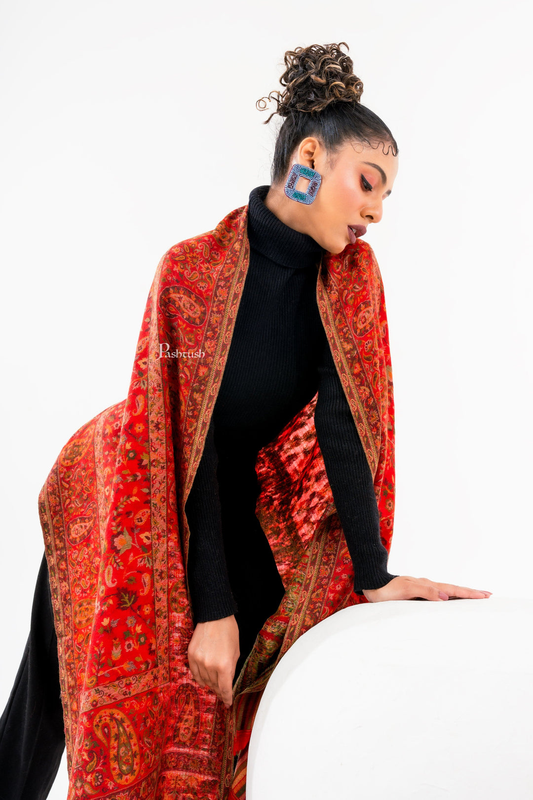 Pashtush India Womens Stoles and Scarves Scarf Pashtush Womens 100% Pure Wool With Woolmark Certificate Stole, Paisley Design, Red