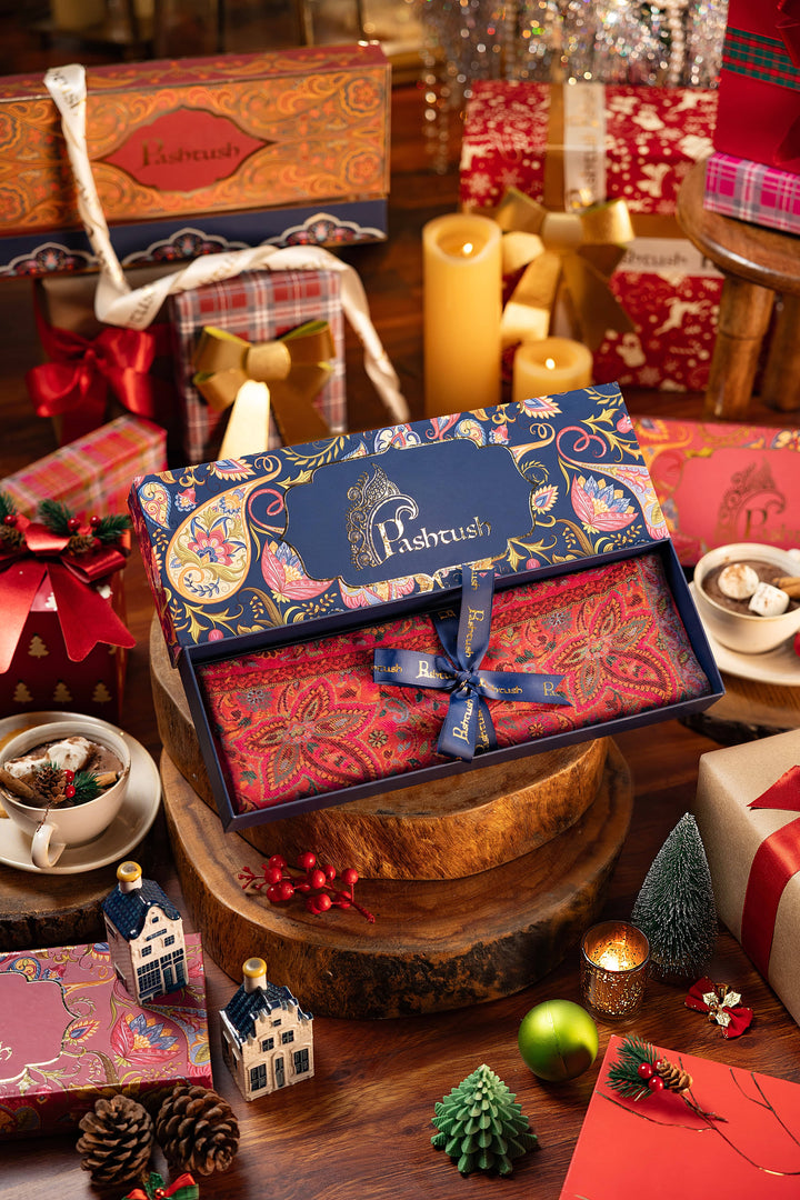 Pashtush India Gift Pack Pashtush Womens 100% Pure Wool With Woolmark Certificate Stole, Paisley Design, Scarlet Red