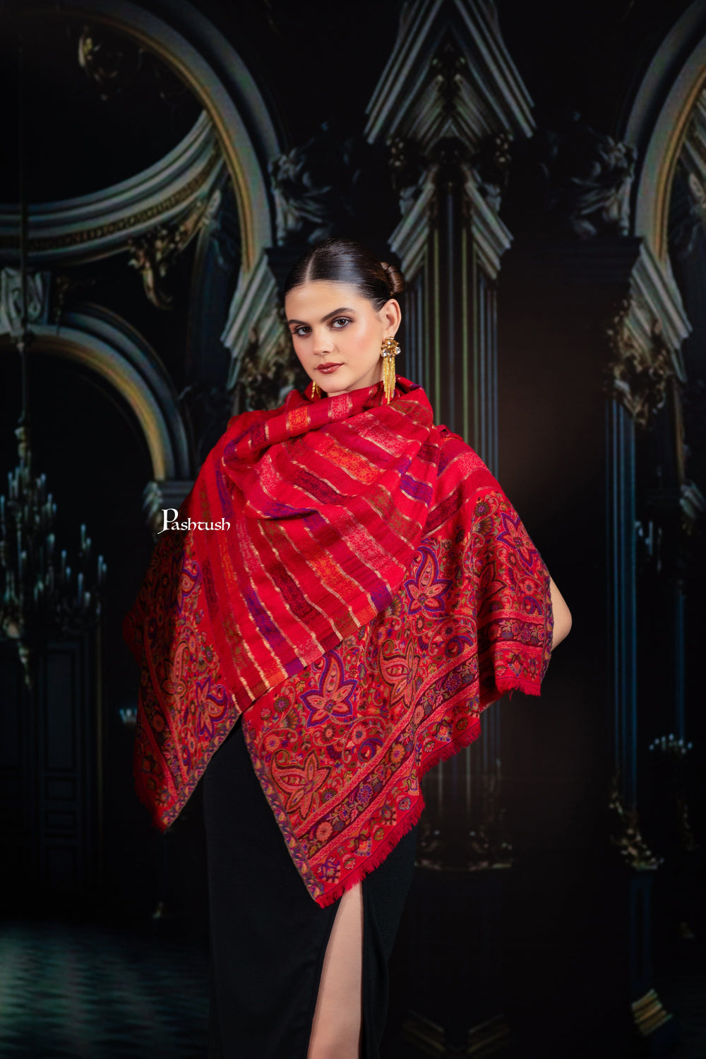Pashtush India Womens Stoles and Scarves Scarf Pashtush Womens 100% Pure Wool With Woolmark Certificate Stole, Paisley Design, Scarlet Red