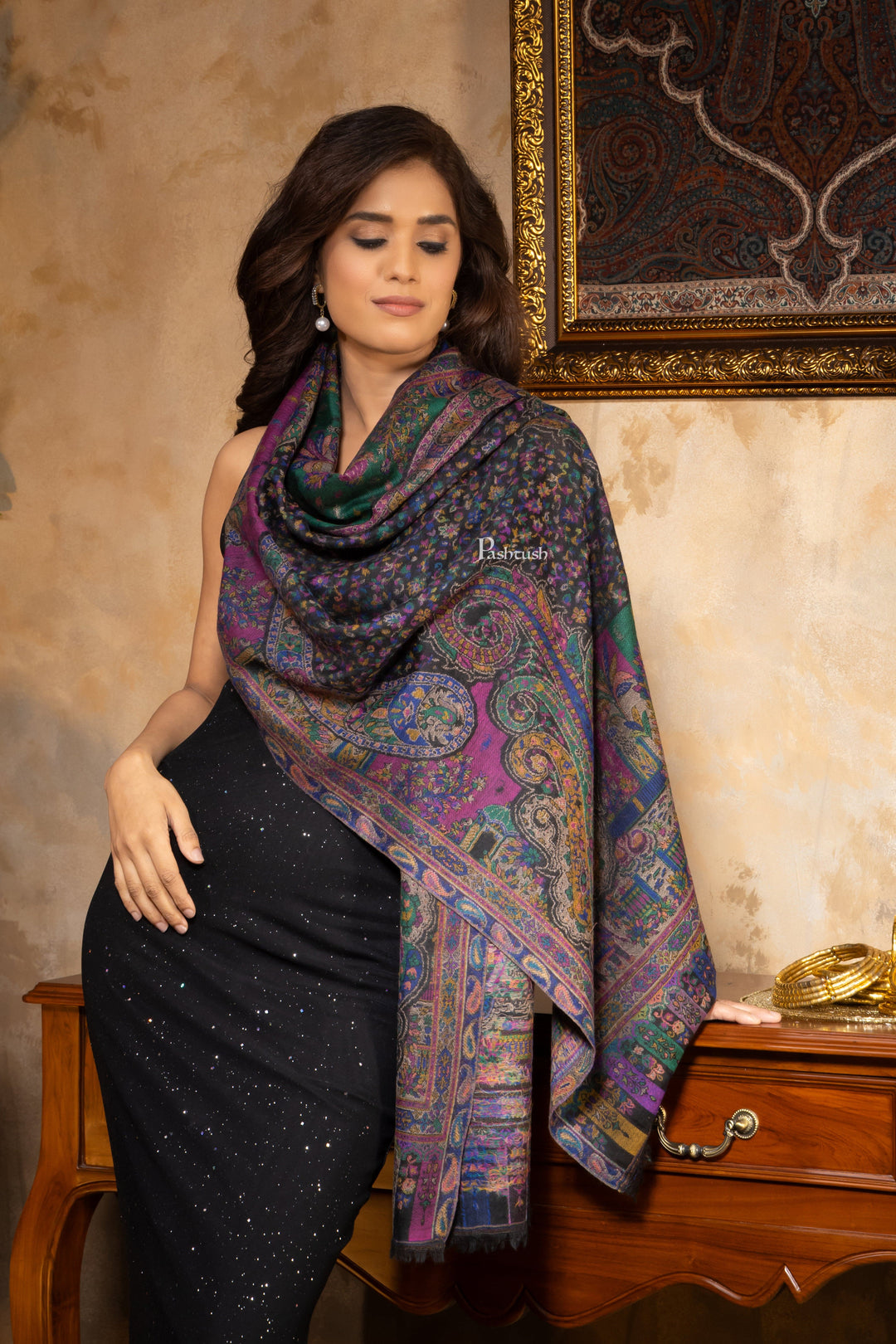 Pashtush India Womens Stoles and Scarves Scarf Pashtush Womens 100% Pure Wool With Woolmark Certificate Stole, Paisley Weave Design, Black