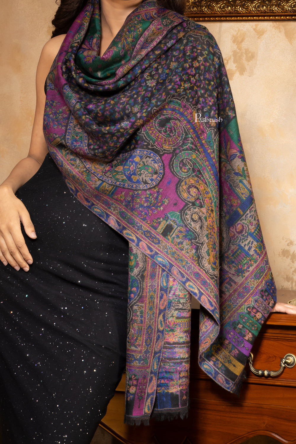 Pashtush India Womens Stoles and Scarves Scarf Pashtush Womens 100% Pure Wool With Woolmark Certificate Stole, Paisley Weave Design, Black