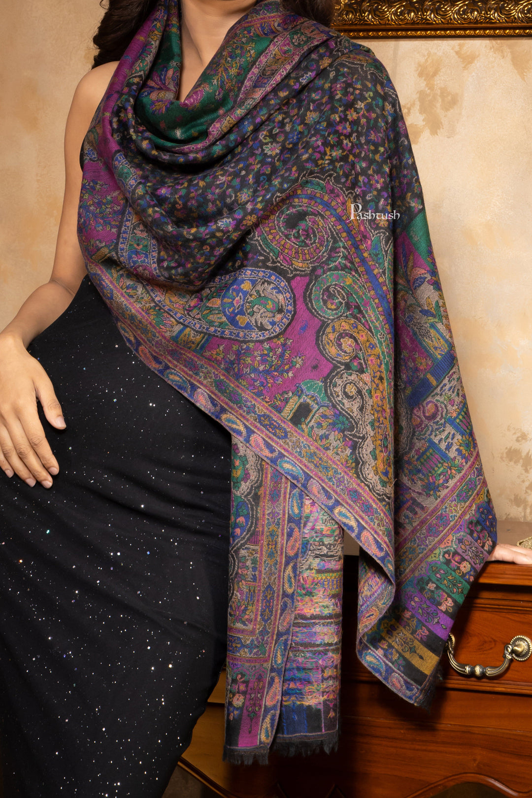 Pashtush India Womens Stoles and Scarves Scarf Pashtush Womens 100% Pure Wool With Woolmark Certificate Stole, Paisley Weave Design, Black