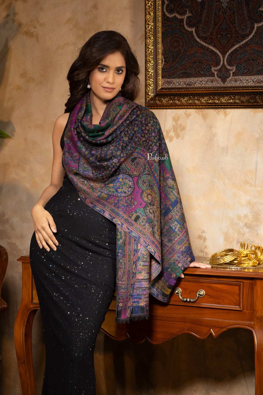 Pashtush India Womens Stoles and Scarves Scarf Pashtush Womens 100% Pure Wool With Woolmark Certificate Stole, Paisley Weave Design, Black