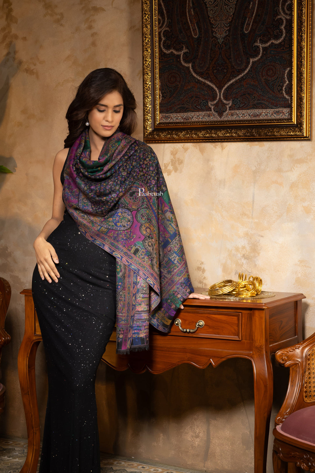 Pashtush India Womens Stoles and Scarves Scarf Pashtush Womens 100% Pure Wool With Woolmark Certificate Stole, Paisley Weave Design, Black