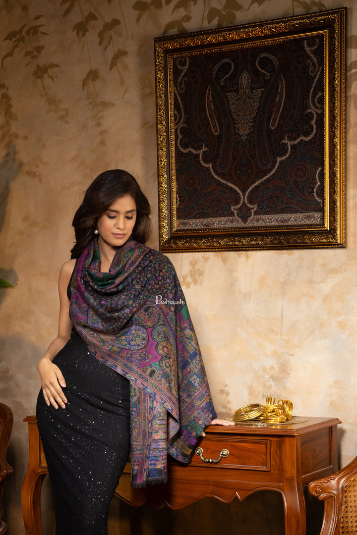 Pashtush India Womens Stoles and Scarves Scarf Pashtush Womens 100% Pure Wool With Woolmark Certificate Stole, Paisley Weave Design, Black