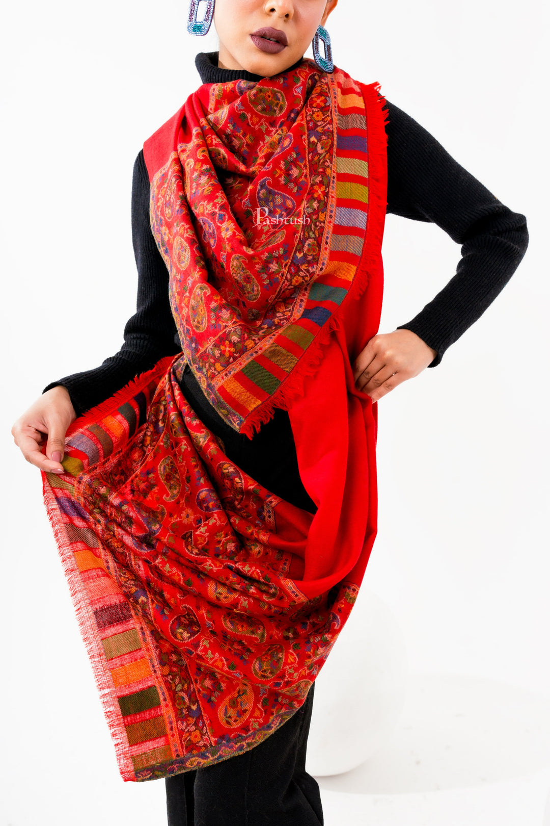 Pashtush India Womens Stoles and Scarves Scarf Pashtush Womens 100% Pure Wool With Woolmark Certificate Stole, Paisley Weave Design, Red