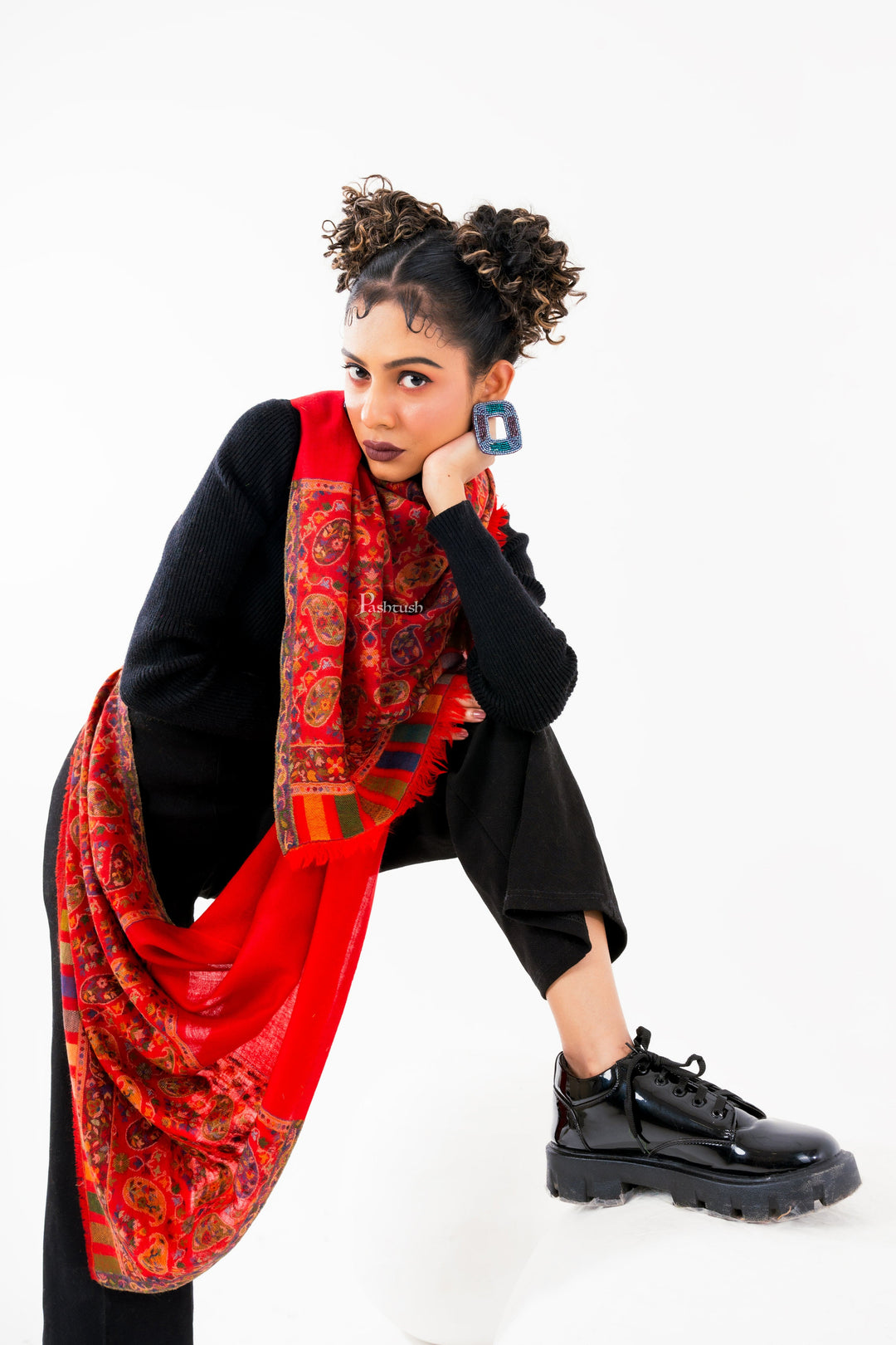 Pashtush India Womens Stoles and Scarves Scarf Pashtush Womens 100% Pure Wool With Woolmark Certificate Stole, Paisley Weave Design, Red