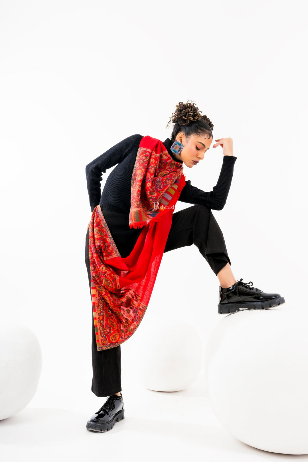 Pashtush India Womens Stoles and Scarves Scarf Pashtush Womens 100% Pure Wool With Woolmark Certificate Stole, Paisley Weave Design, Red